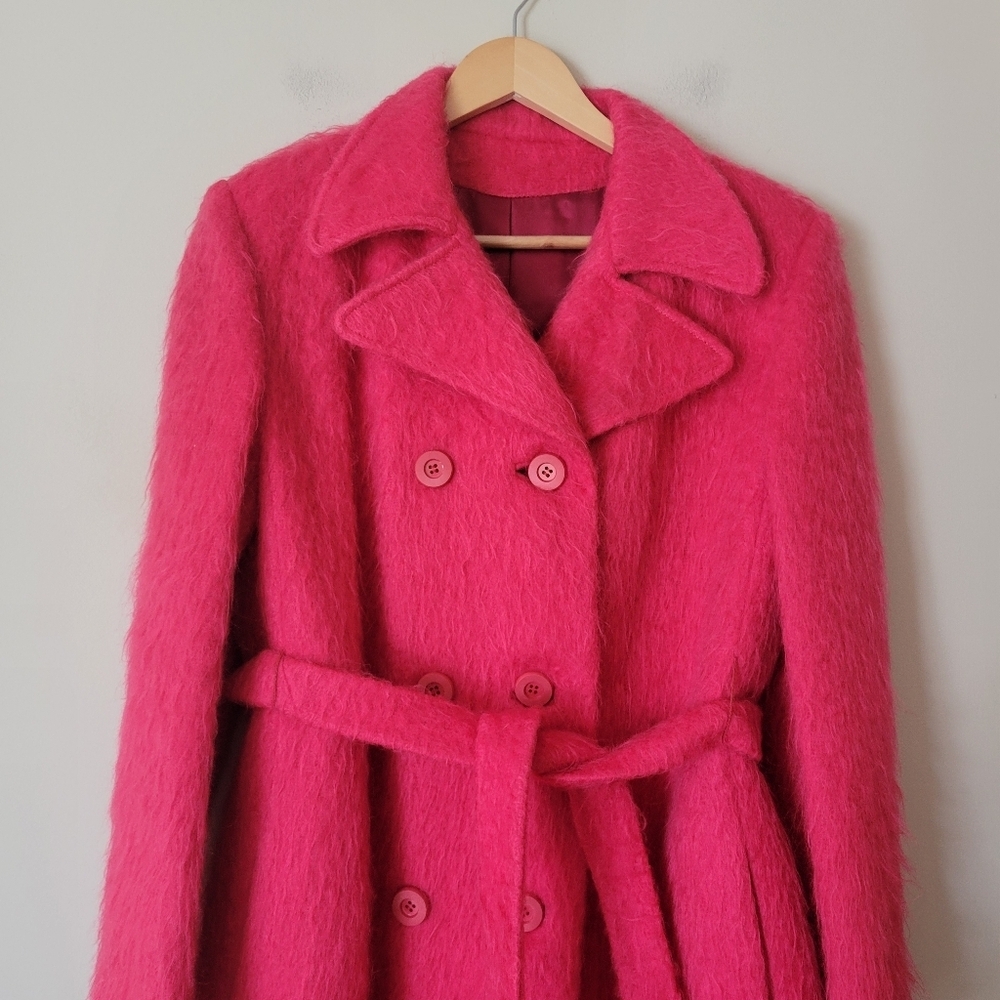Vintage 80s Mohair Wool Women's Double Breasted Belted Fuchsia Pink Trench Coat - Picture 3 of 11